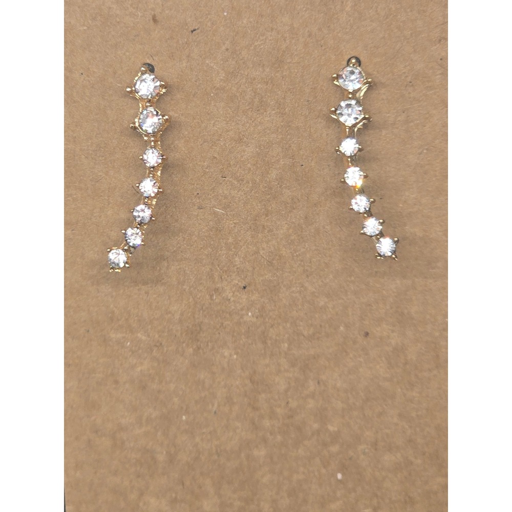 Gold‎ Tone Curved Ear Climber Crawler Earrings Clear Stones Womens